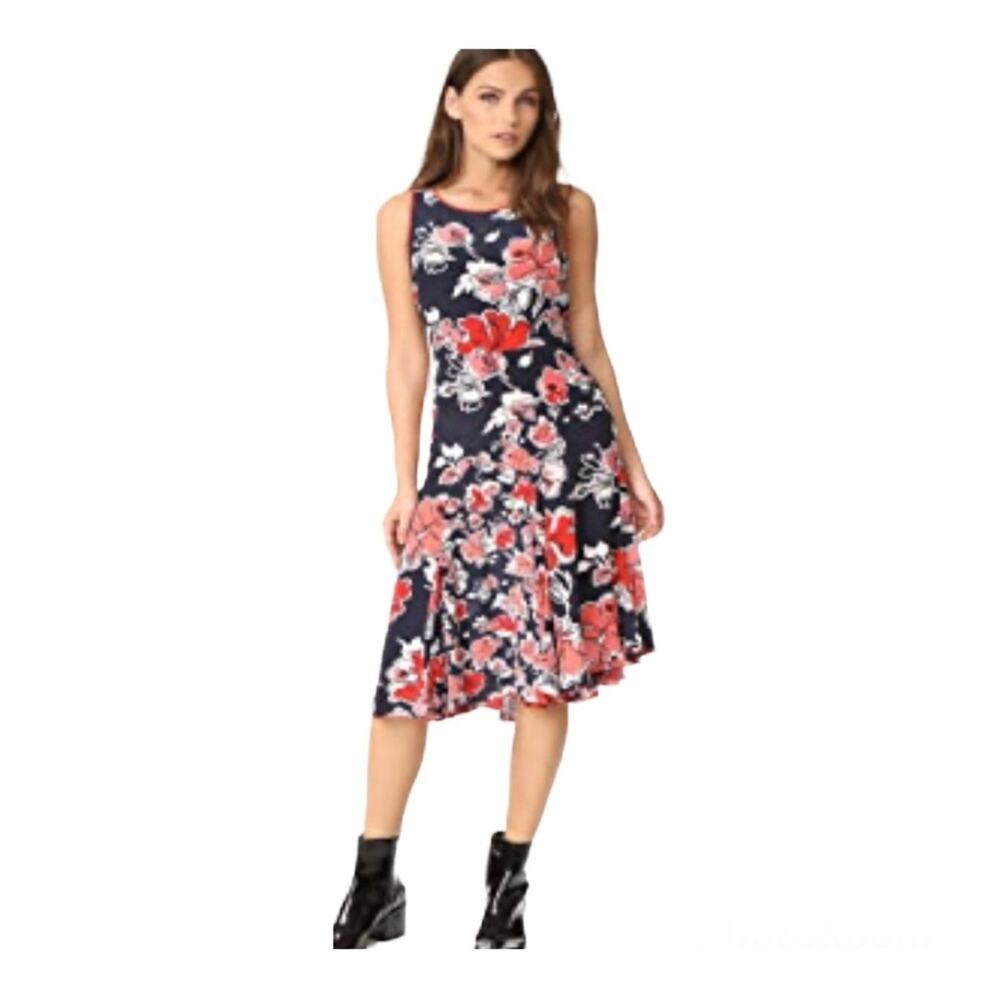 Grey Jason Wu navy floral print assymetrical silk midi dress size 8